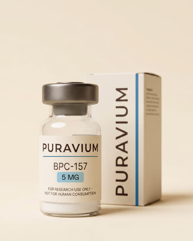 BPC-157 research vial, dark studio photograph, arched vitrine