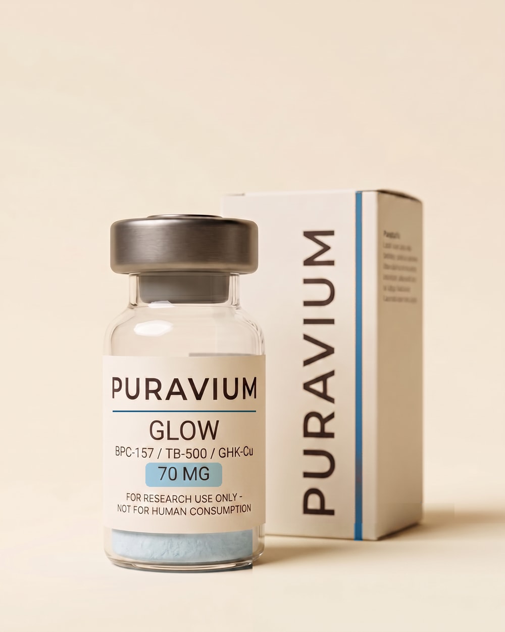 BPC-157 / TB-500 / GHK-Cu research vial, dark studio photograph